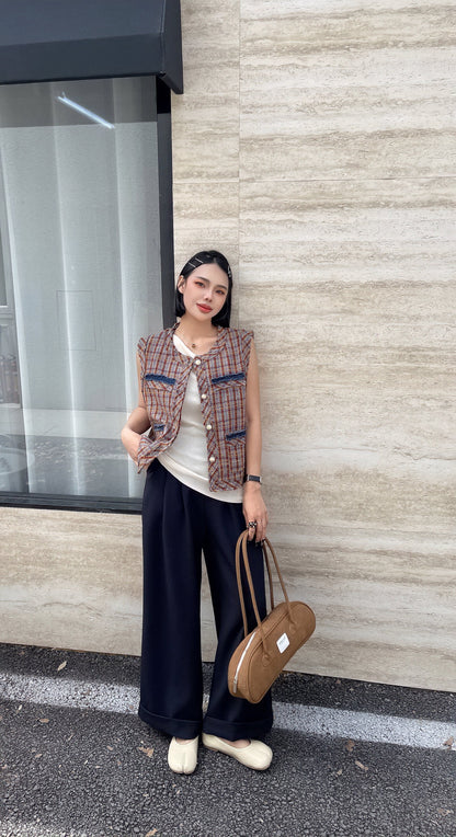 Sage Sleeveless Plaid Vest - Brown Earth with Denim Style