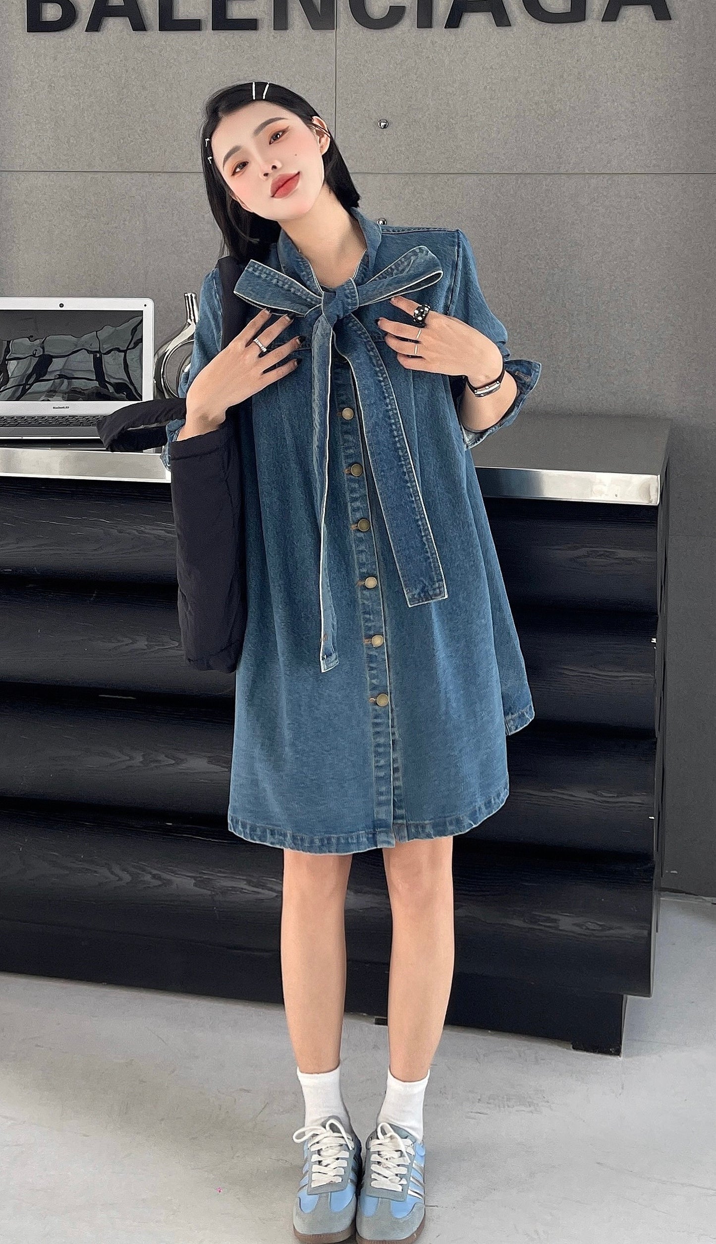 Shan Casual Denim Shirt Dress with Oversized Fit and Bow Neckline- Long Sleeve