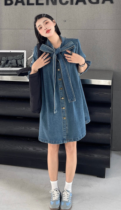 Shan Casual Denim Shirt Dress with Oversized Fit and Bow Neckline- Long Sleeve