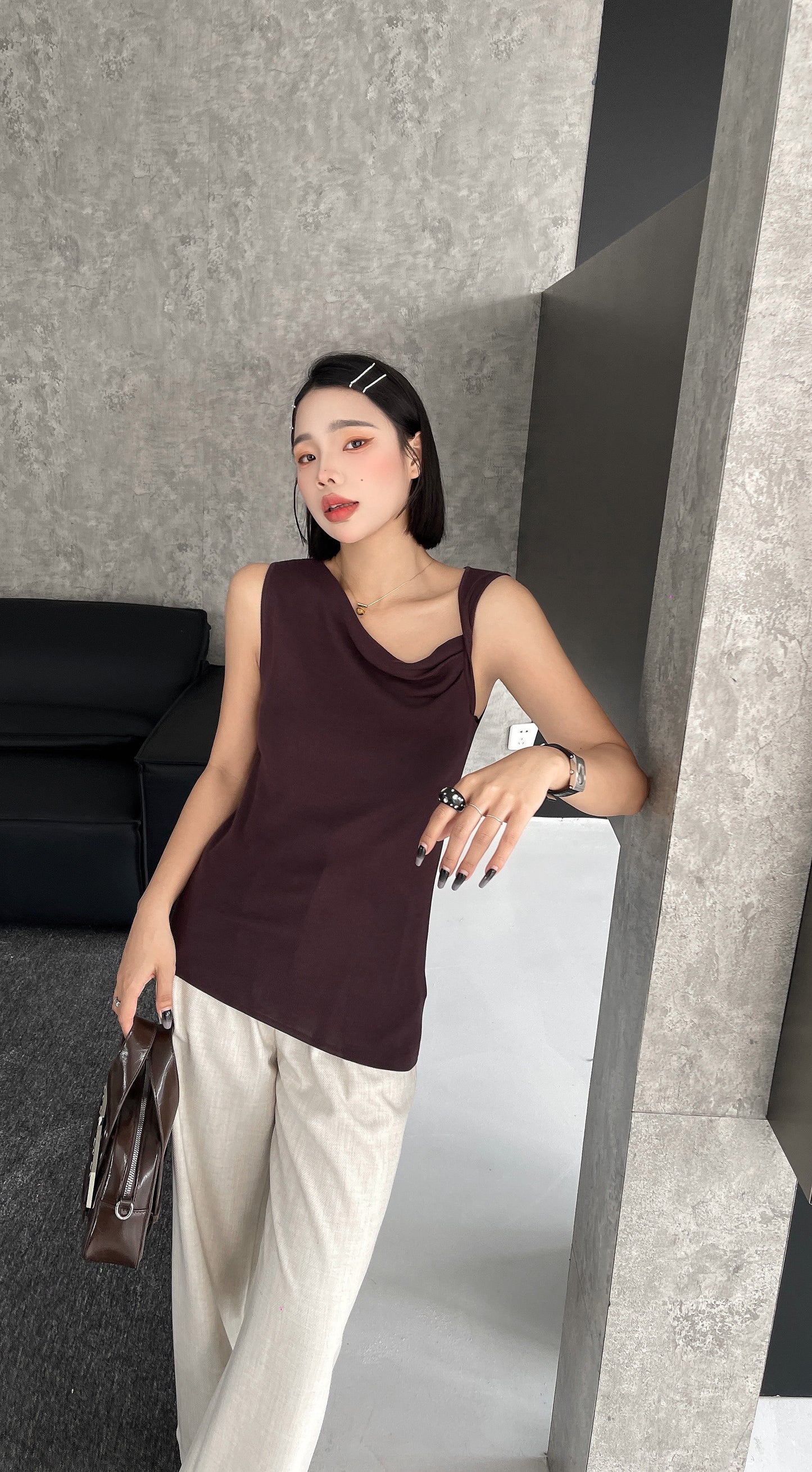 Sally Elegant Sleeveless Cowl Neck Knit Top - Red Wine / Beige