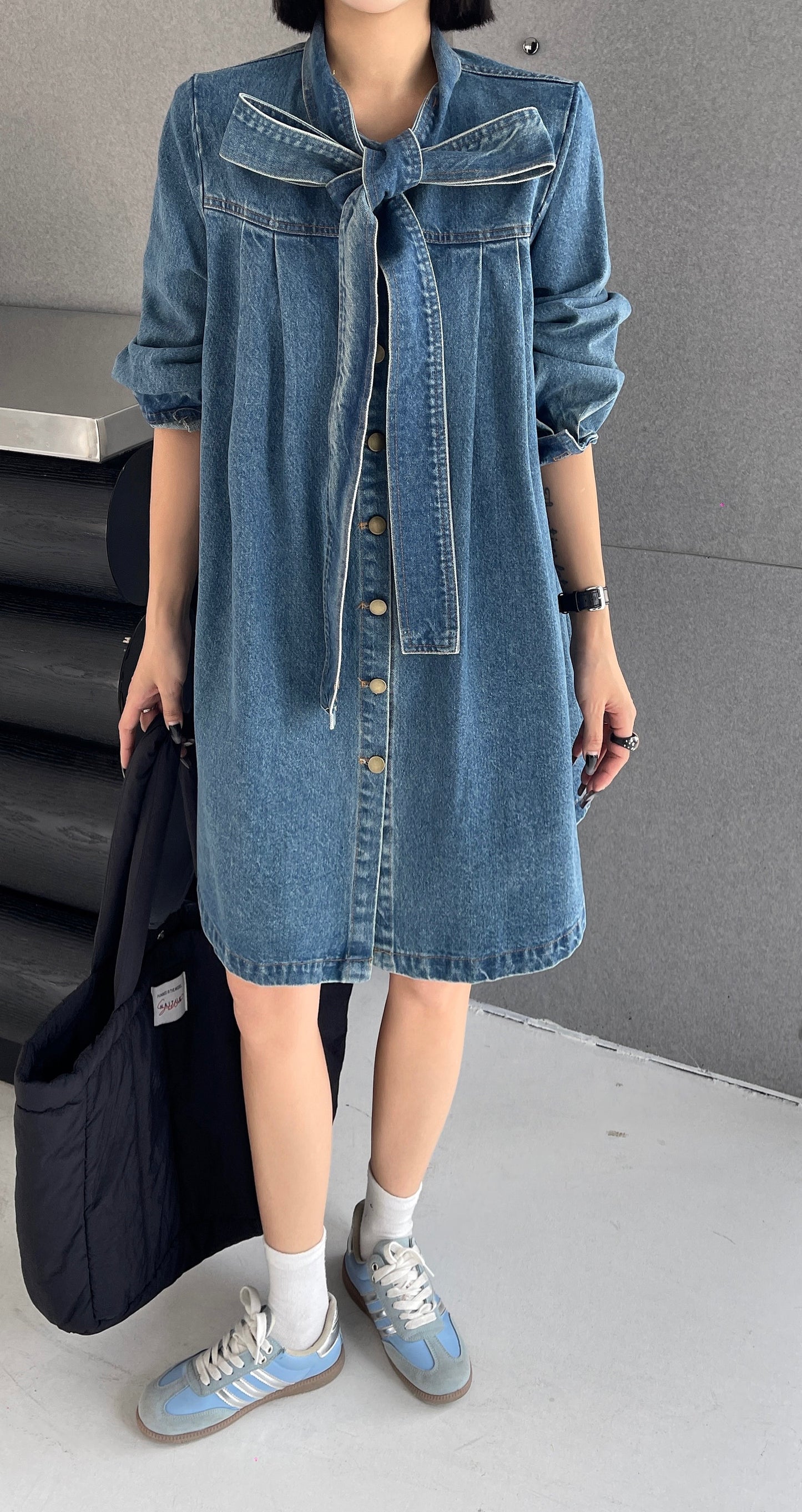 Shan Casual Denim Shirt Dress with Oversized Fit and Bow Neckline- Long Sleeve