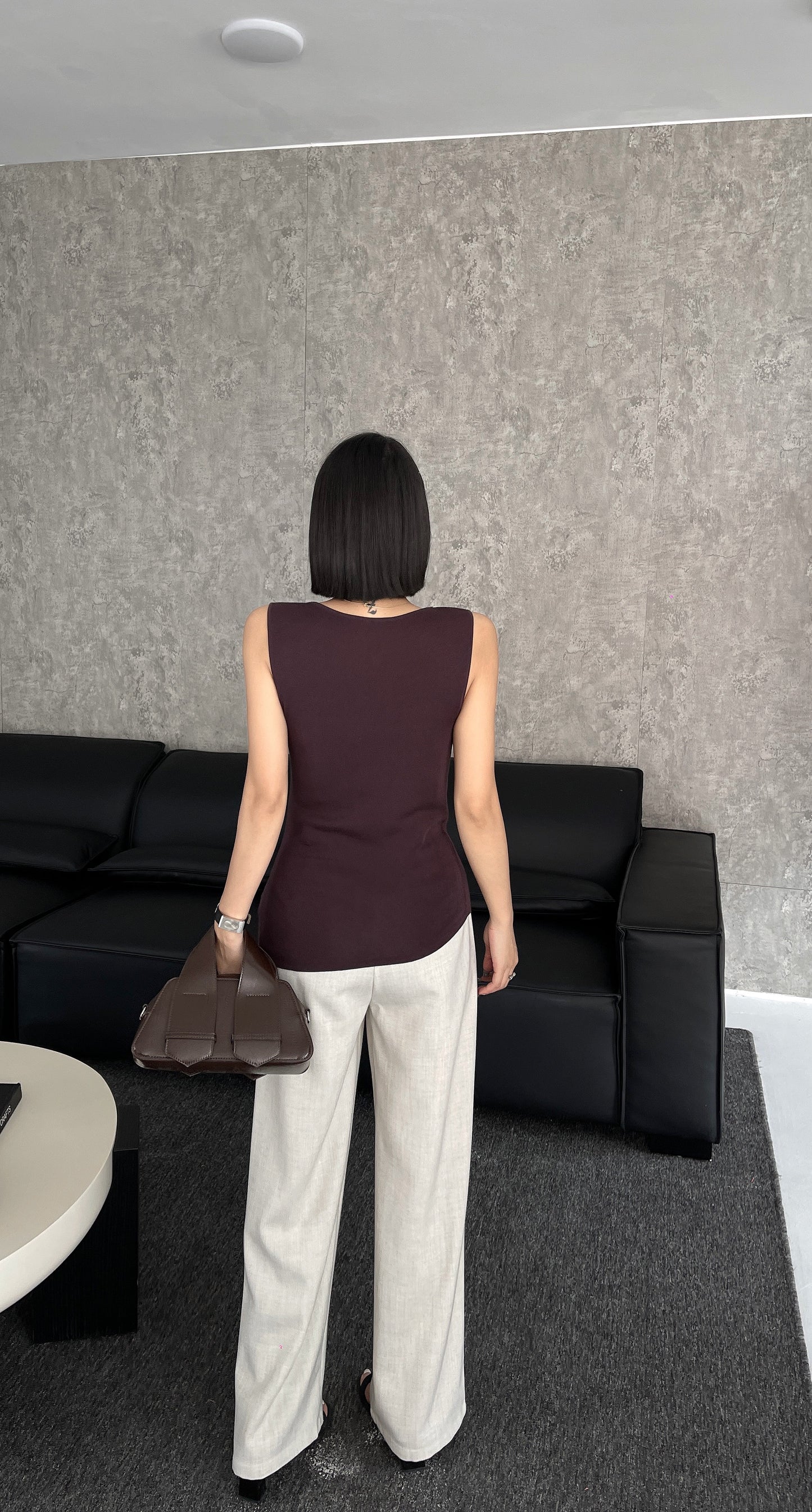 Sally Elegant Sleeveless Cowl Neck Knit Top - Red Wine / Beige