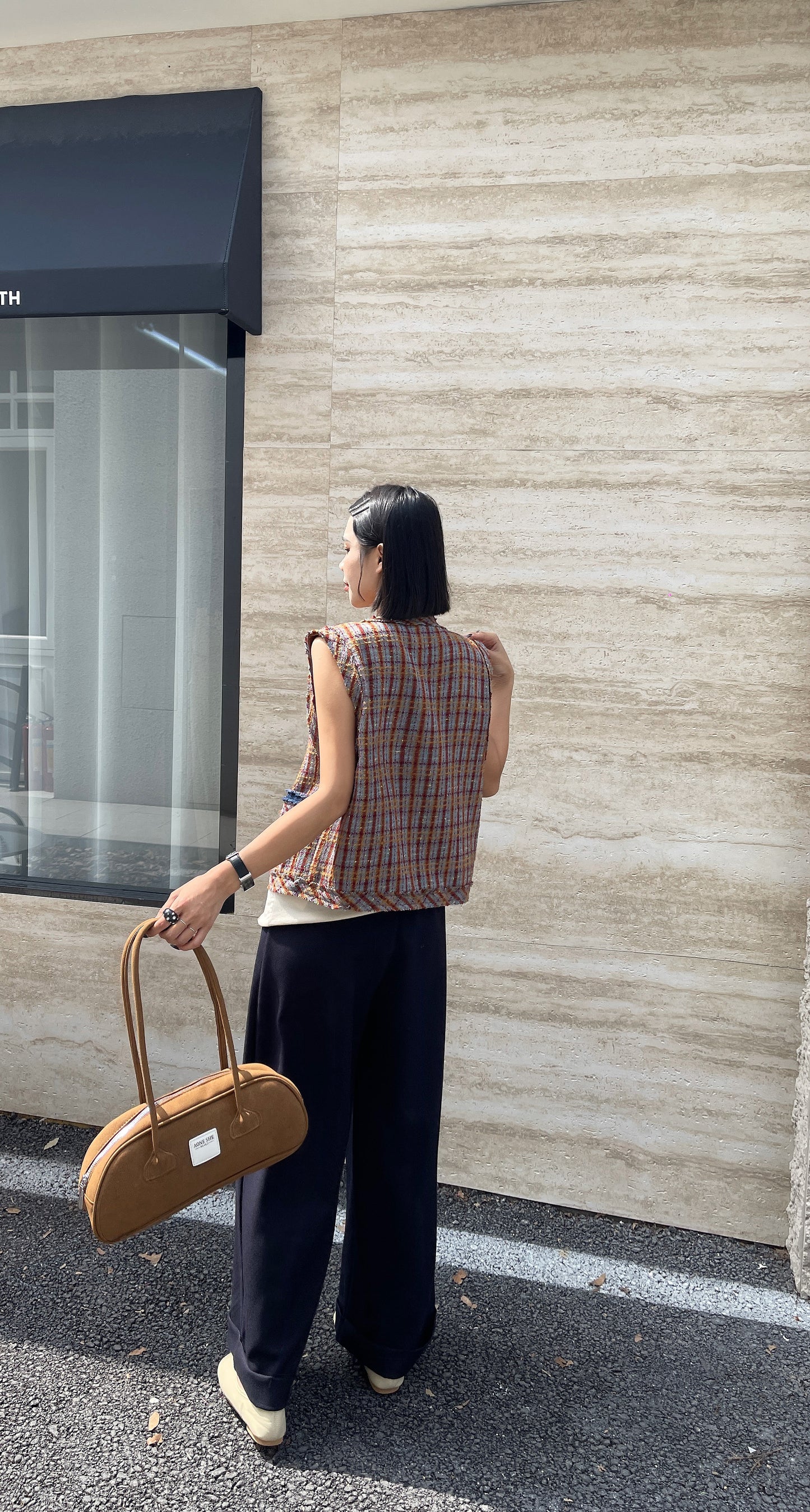 Sage Sleeveless Plaid Vest - Brown Earth with Denim Style
