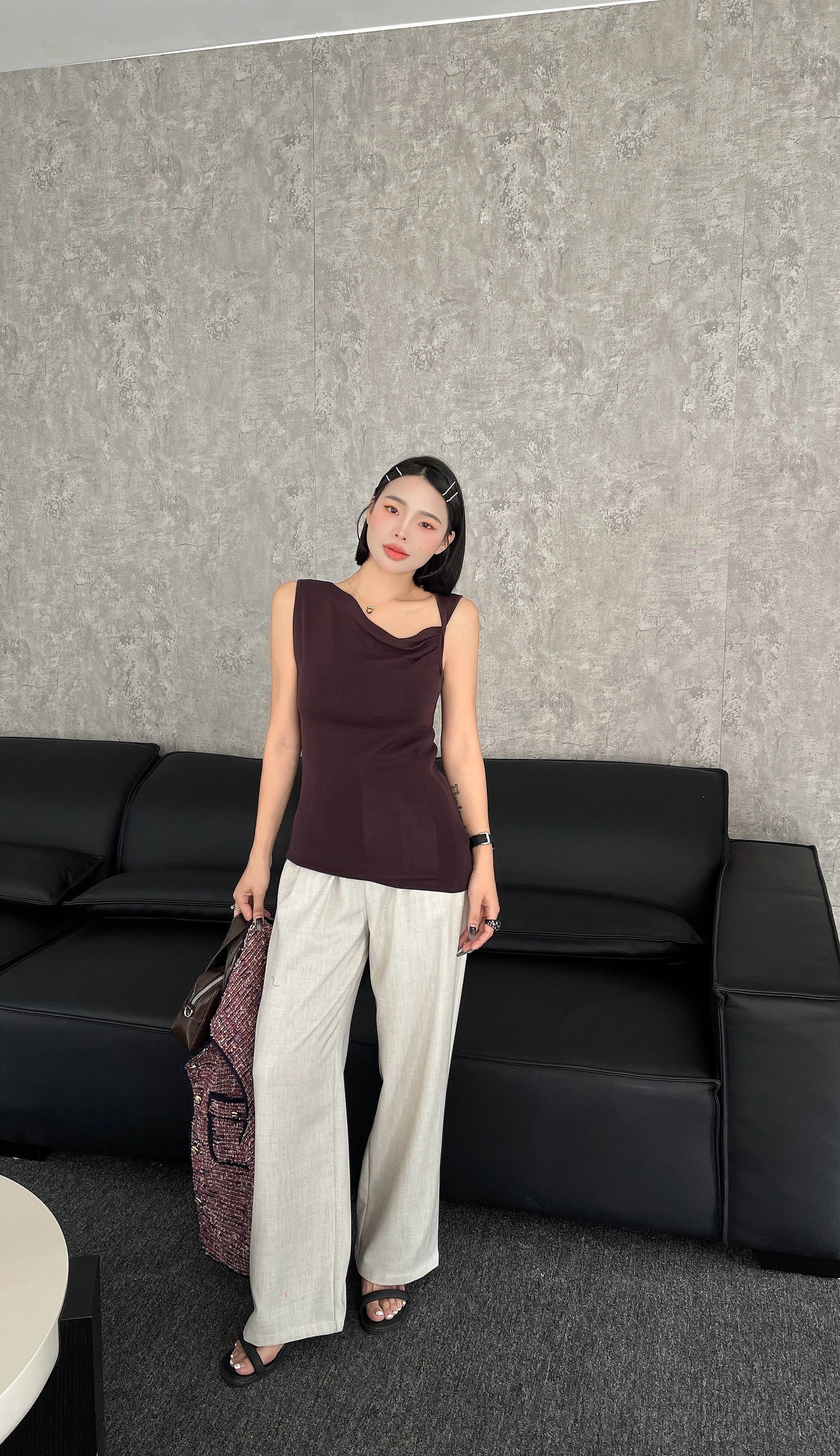 Sally Elegant Sleeveless Cowl Neck Knit Top - Red Wine / Beige