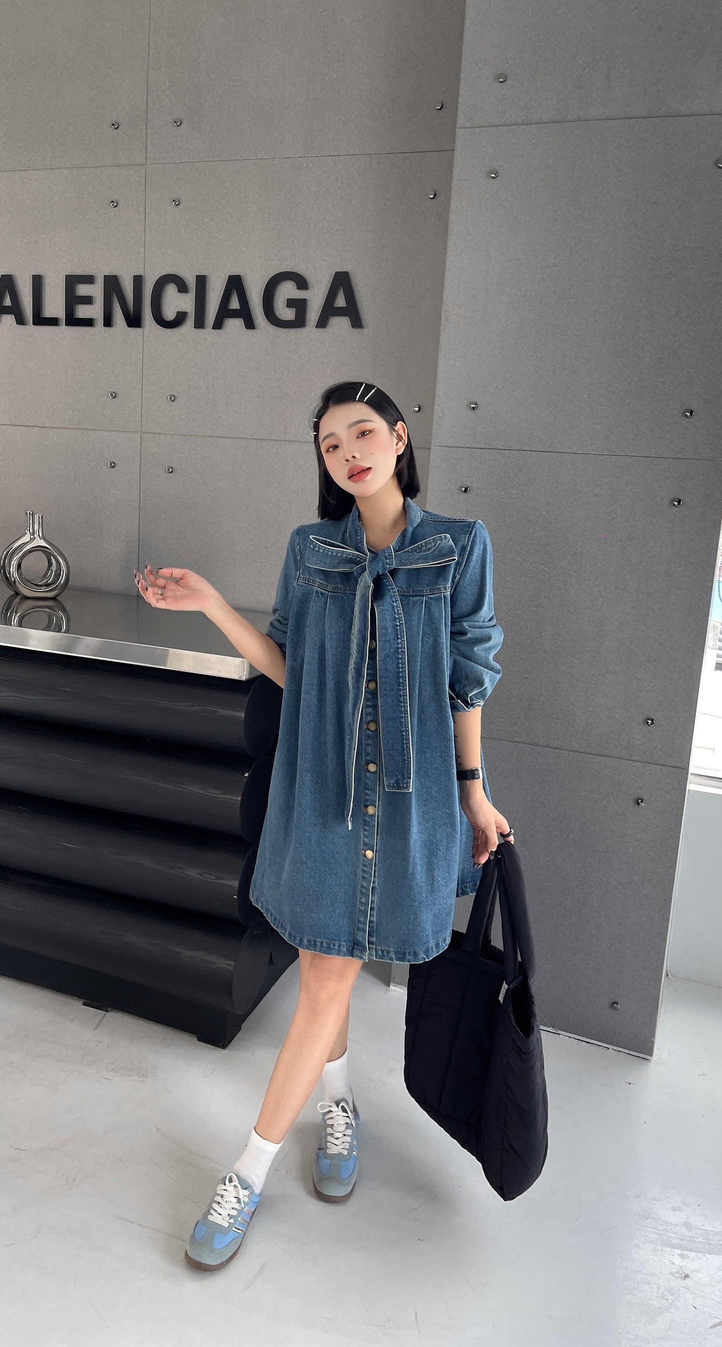 Shan Casual Denim Shirt Dress with Oversized Fit and Bow Neckline- Long Sleeve
