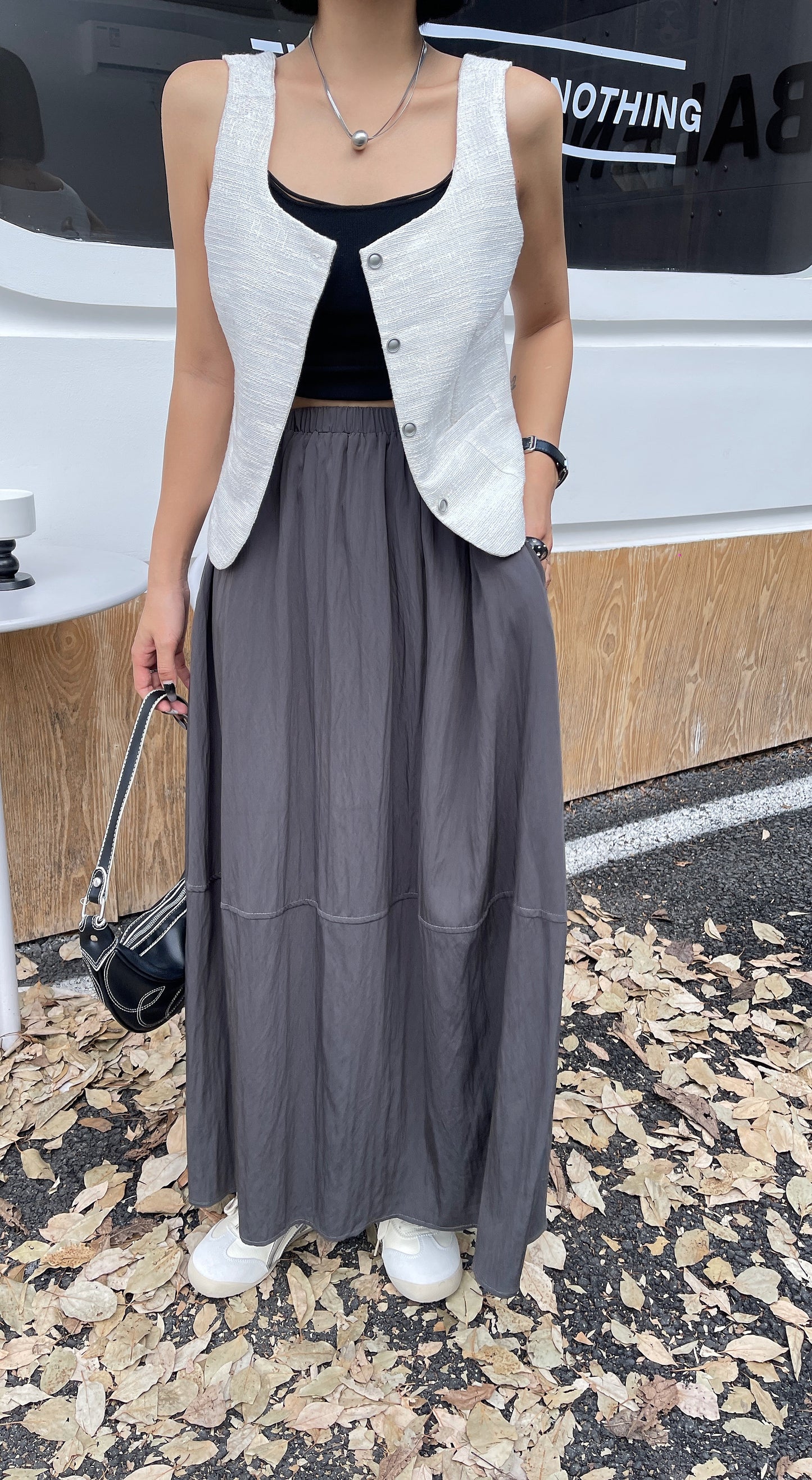 Sacha Women's Flowy Maxi Skirt - Basic Plain Design - Charcoal Grey / Dusty White