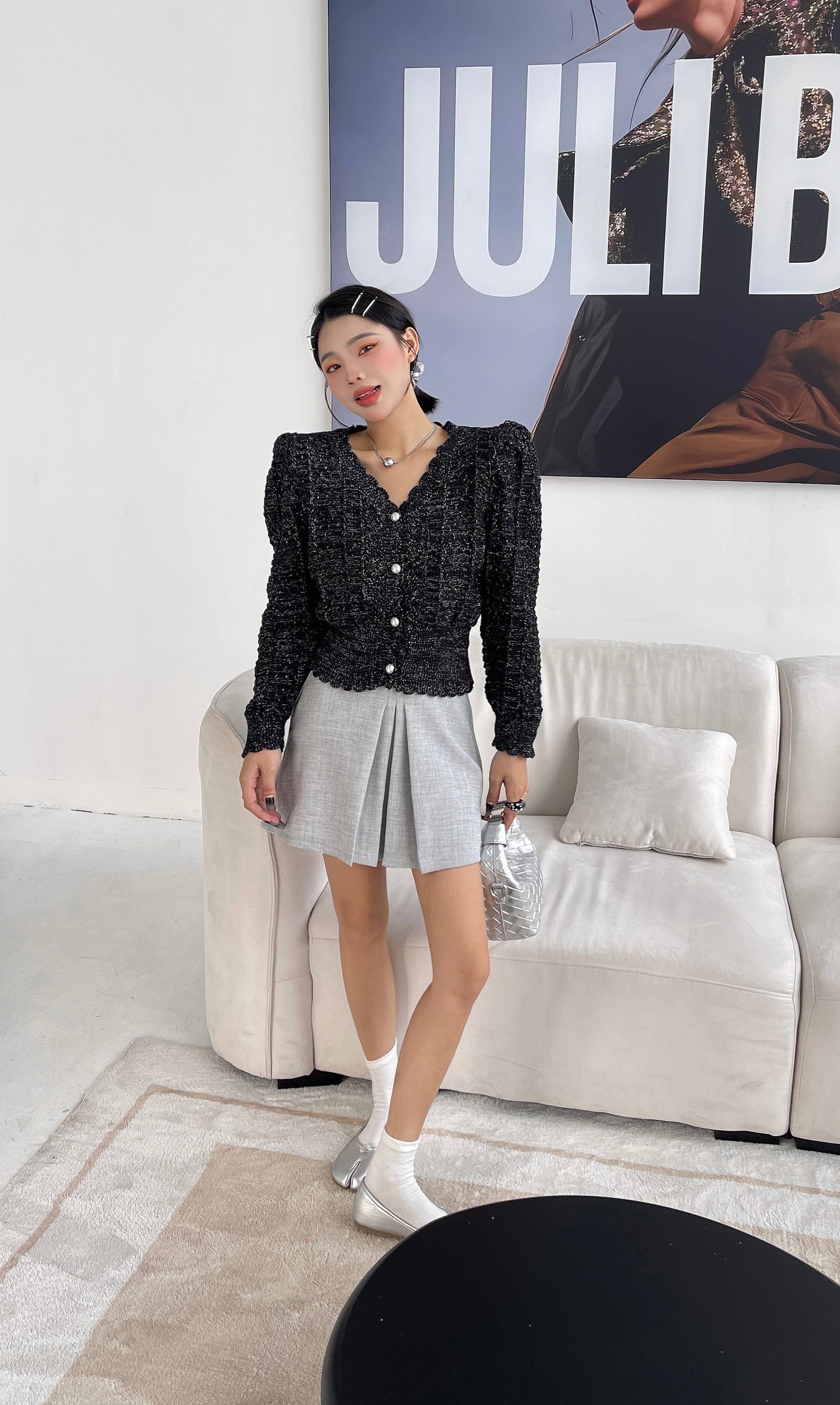 Sabiny Long Sleeve Thin Knit Glitter  Cardigan Top - Black