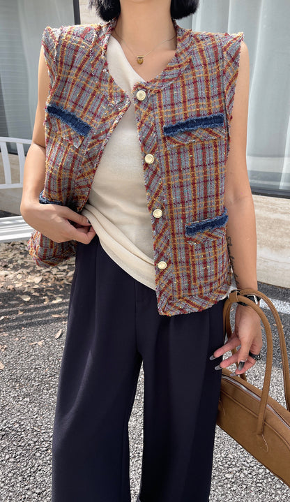 Sage Sleeveless Plaid Vest - Brown Earth with Denim Style