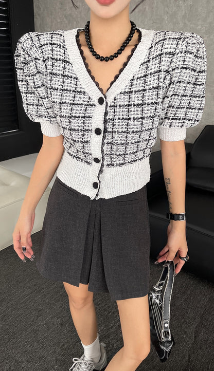 Sabel Timeless Tweed Knit Checkered Cardi Top - Black/ White