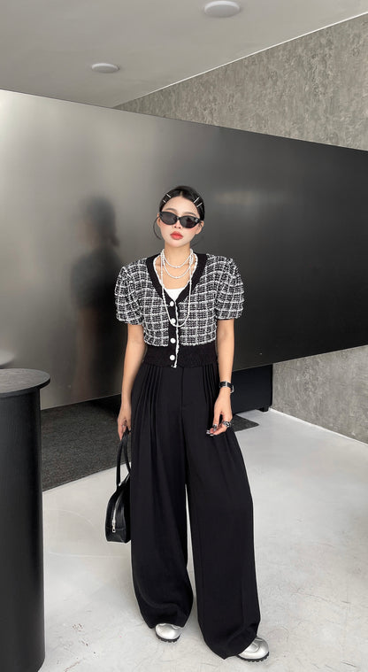 Sabel Timeless Tweed Knit Checkered Cardi Top - Black/ White
