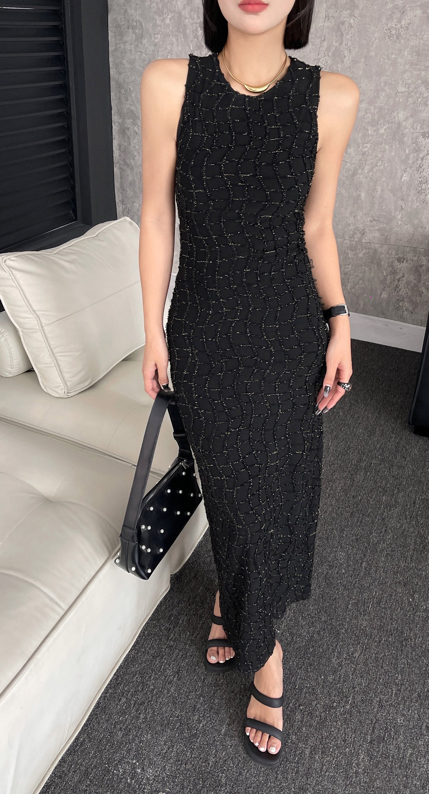 Sadler Sleeveless Textured Glitter Midi Dress - Black / Ivory