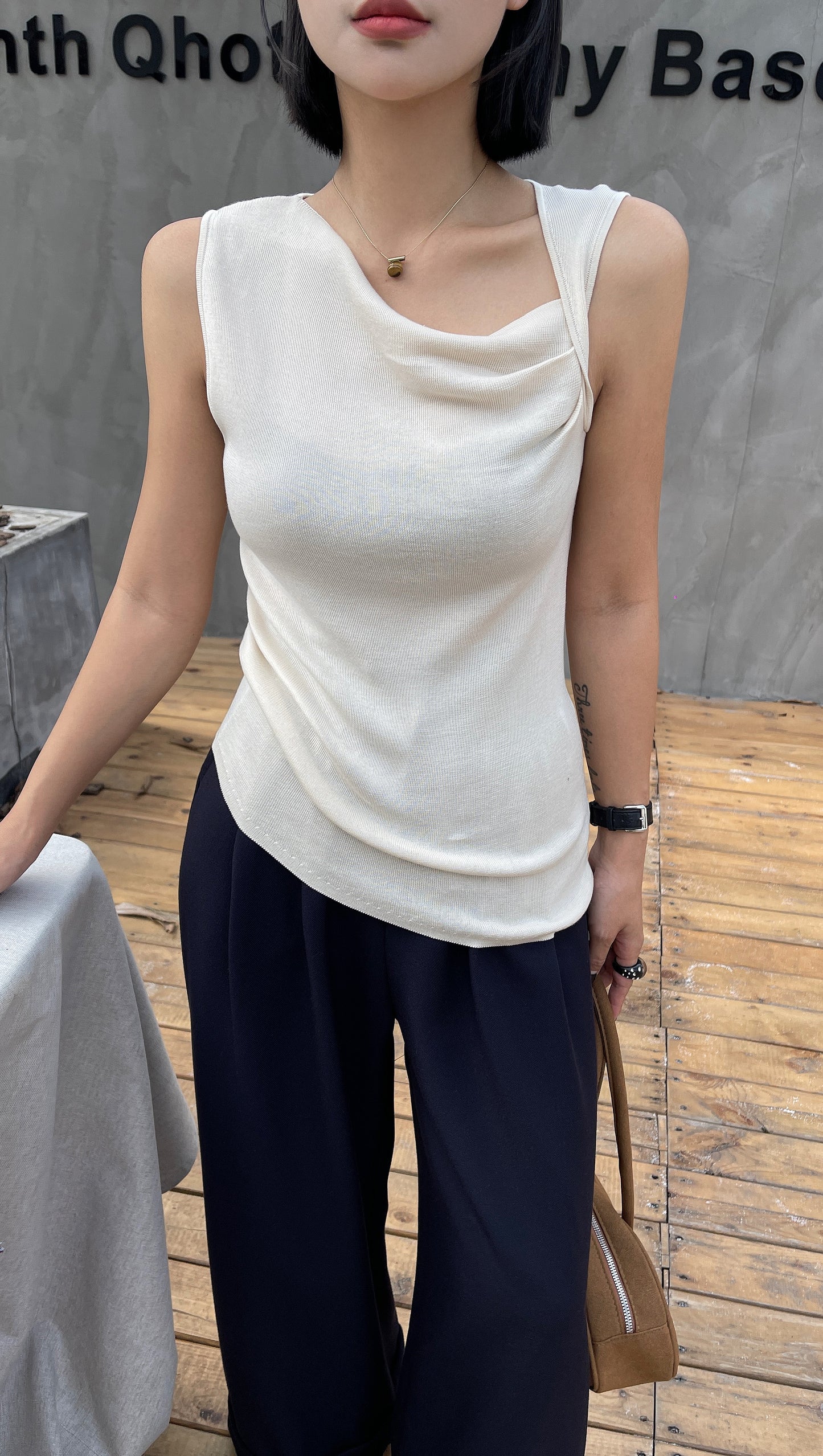 Sally Elegant Sleeveless Cowl Neck Knit Top - Red Wine / Beige