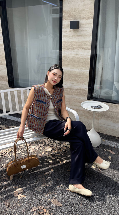 Sage Sleeveless Plaid Vest - Brown Earth with Denim Style