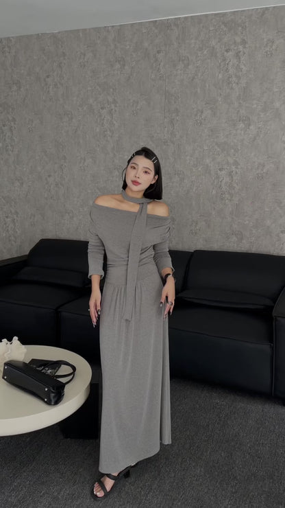 Sable Off Shoulder Cotton Dress - Black / Grey
